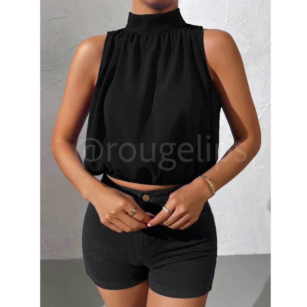 Black Crop Tulip Top High Neck Ties - Picture 5 of 9
